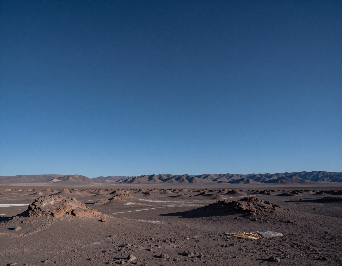 Vasta llanura desértica rocosa bajo un cielo azul despejado, con montañas lejanas en el horizonte.