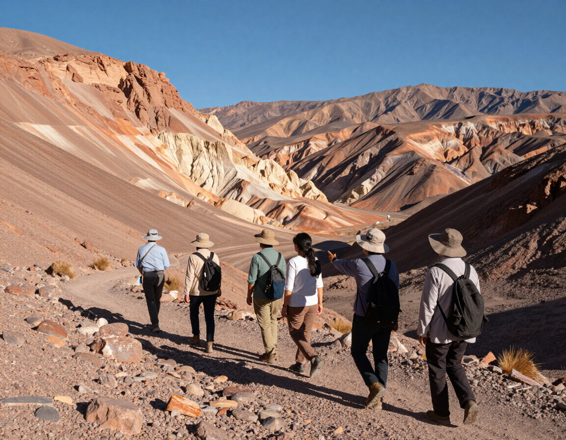 Un grupo de excursionistas recorre un sendero rocoso por el desierto, entre coloridas montañas.