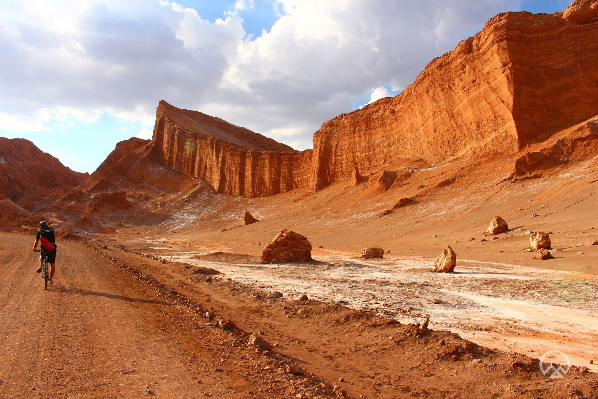Cañón de arenisca roja con un camino de tierra, rocas dispersas, cielo nublado y un excursionista solitario a la izquierda
