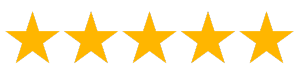 Five yellow stars are lined up in a row on a white background.