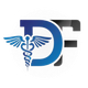 A blue and black logo with a caduceus on it