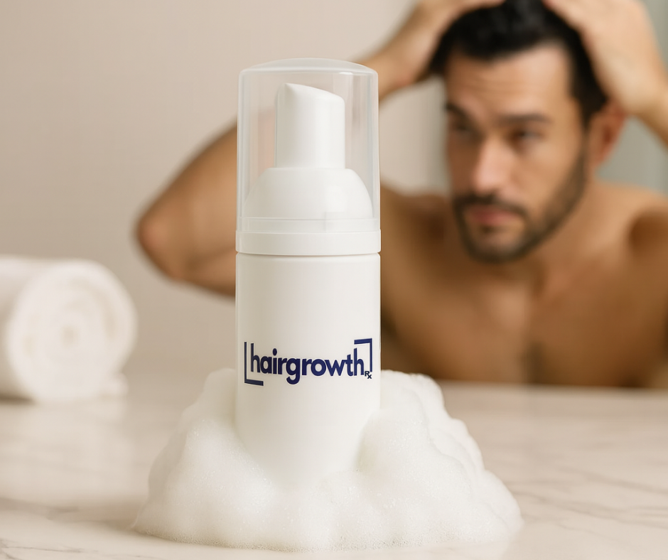 A white bottle of hair growth foam in front of a man, who is touching his hair.