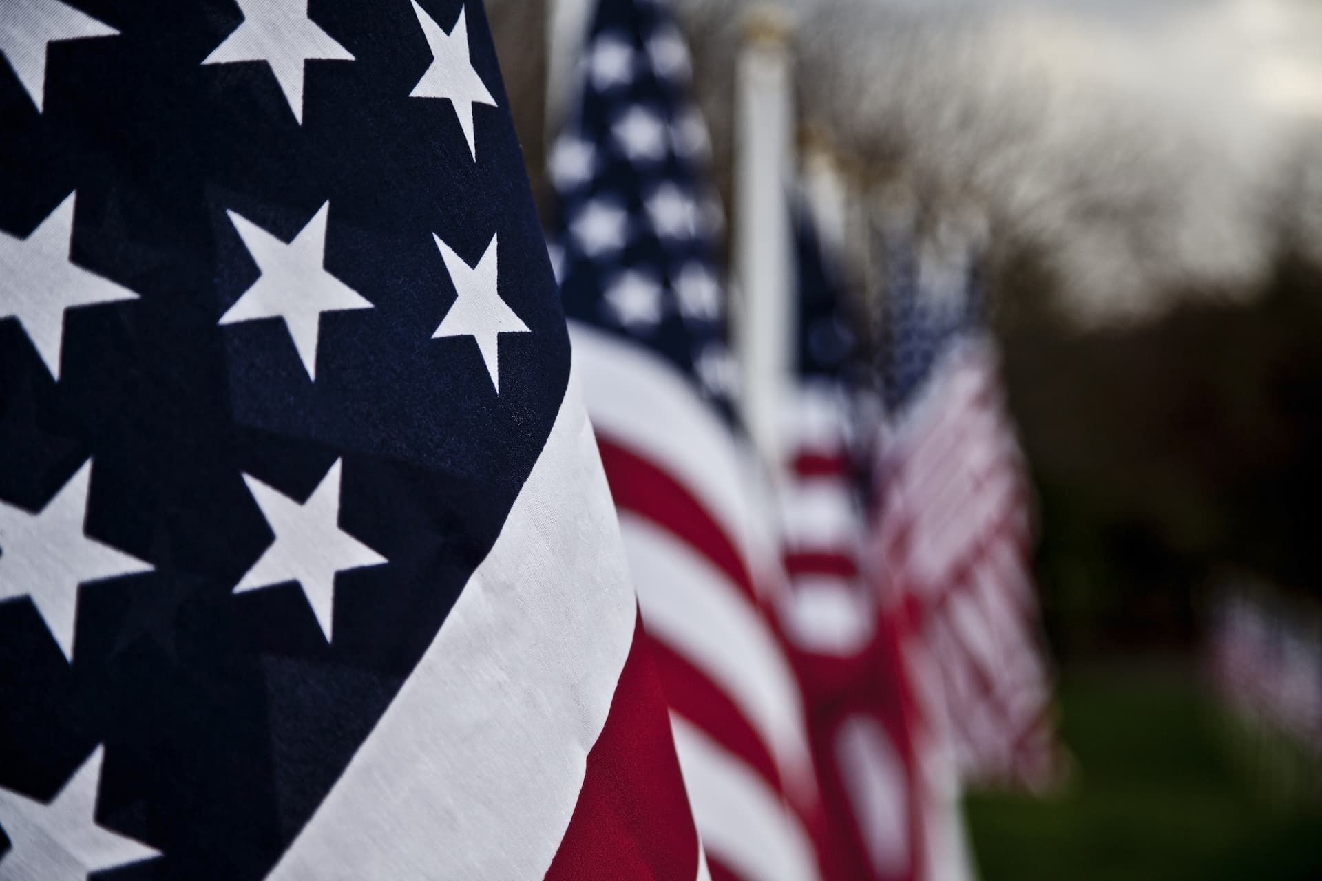 American flags waving outdoors, with one close-up flag in the foreground.