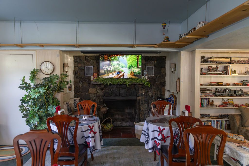 Small cafe dining area with wooden chairs, tables, a TV, plants, and shelves along the wall.