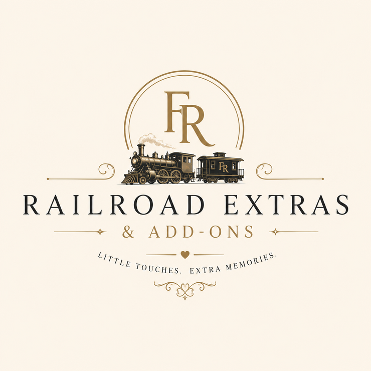 Railroad Extras & Add-Ons logo with vintage train and gold monogram on cream background