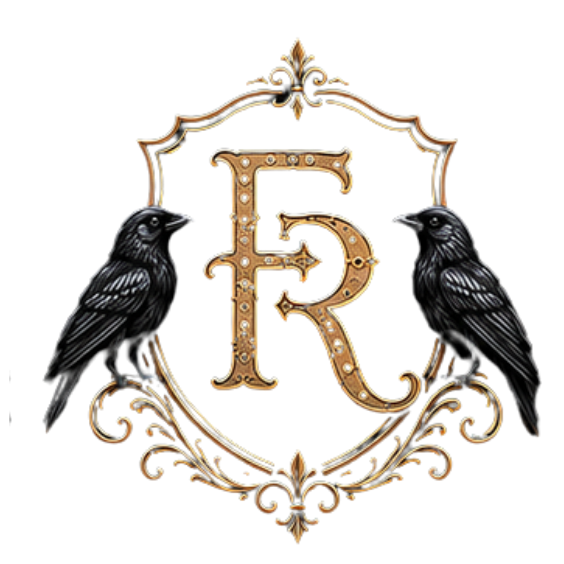 Ornate gold FR monogram framed by decorative scrollwork, flanked by two black birds