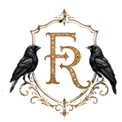 Ornate gold FR monogram framed by decorative scrollwork, flanked by two black birds