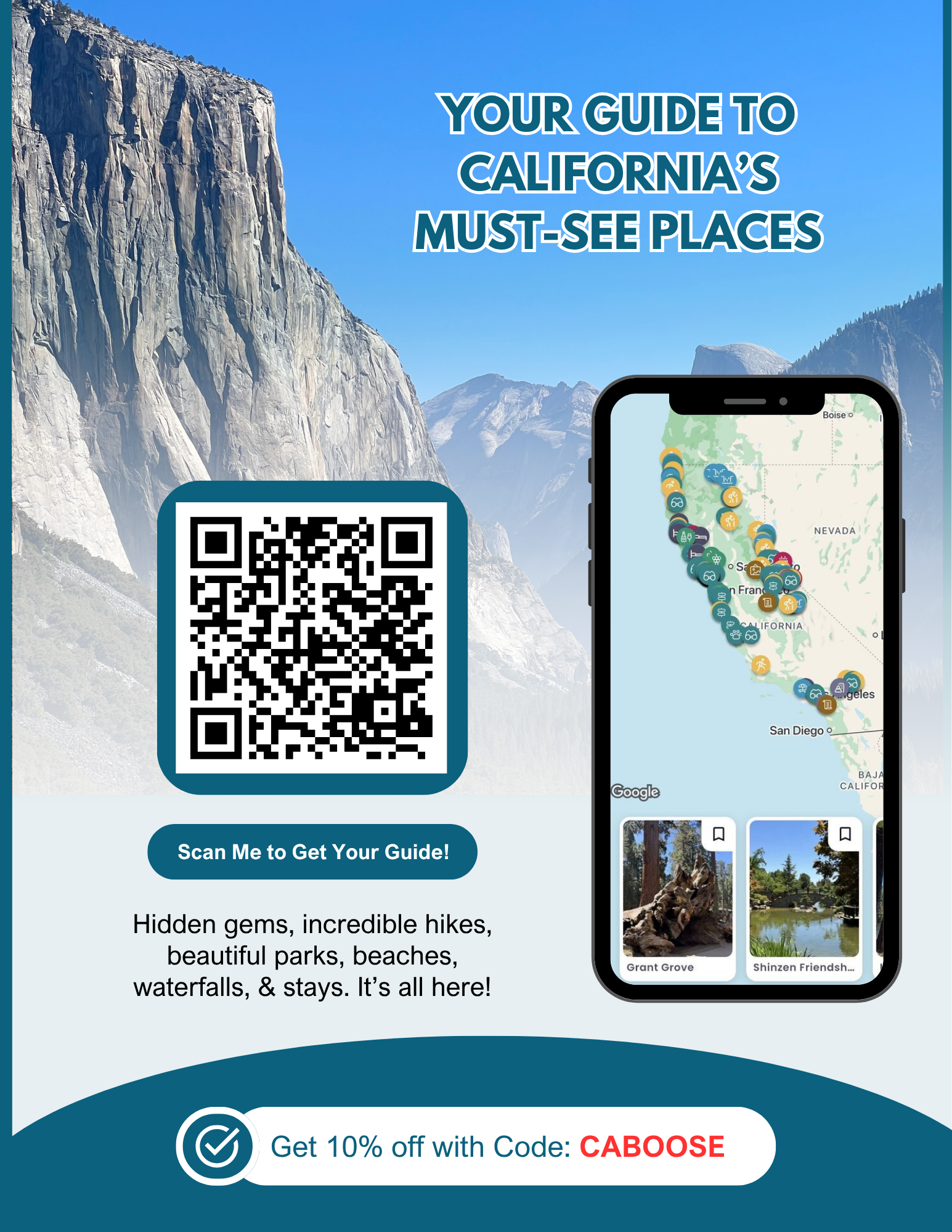 California travel guide poster with QR code, phone map, and granite cliff under blue sky
