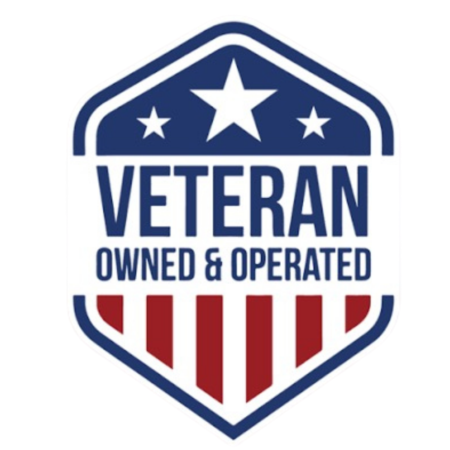 Veteran Owned & Operated shield logo in navy, white, and red with stars and stripes