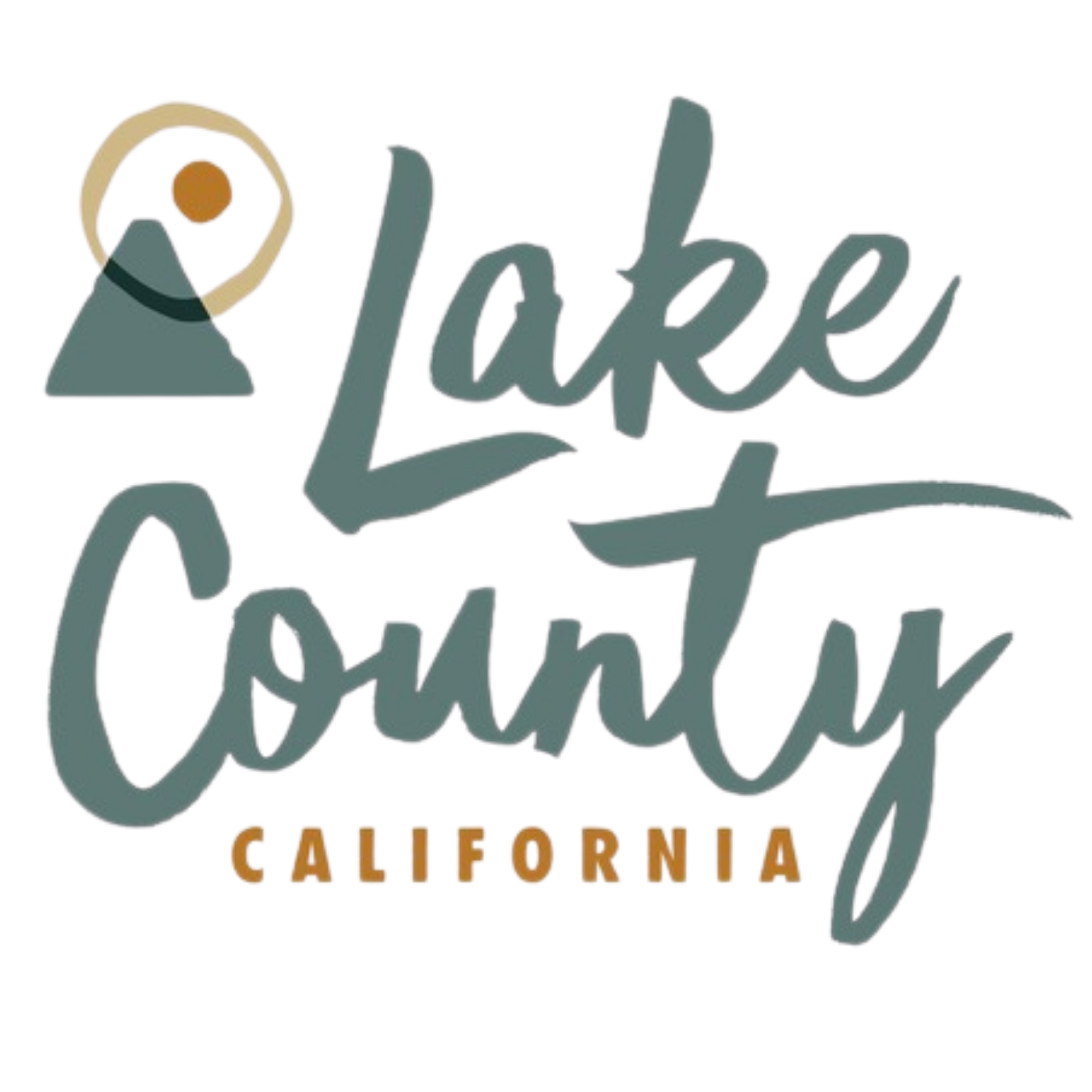 Lake County, California logo in teal, gold, and white with a location pin icon