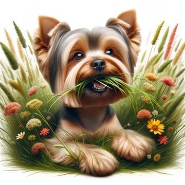 Yorkie Eating Grass