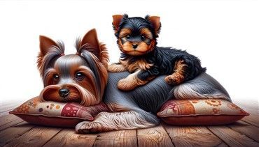 Yorkie puppy with adult Yorkie