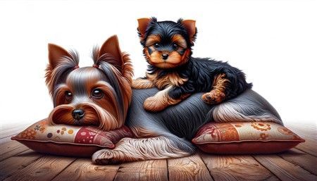 Yorkie puppy with adult Yorkie