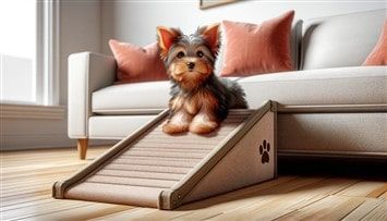 Yorkie Puppy Using a Pet Ramp