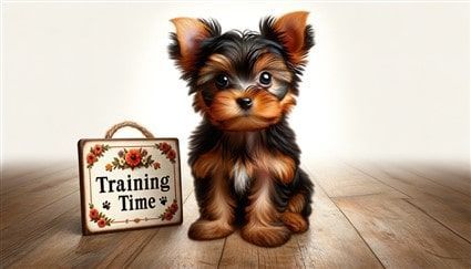 Yorkshire Terrier Puppy with Training Sign