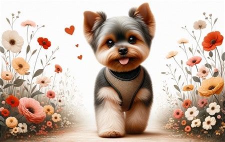 Yorkshire Terrier Walking with Harness On