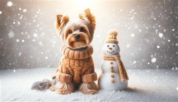 Yorkshire Terrier outside near snowman