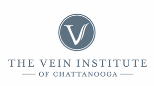 Logo for The Vein Institute of Chattanooga with a blue circular “V” emblem and serif text