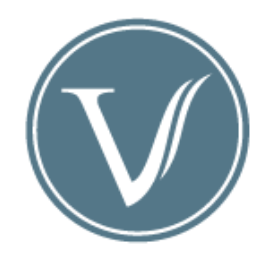 The letter v is in a blue circle on a white background.