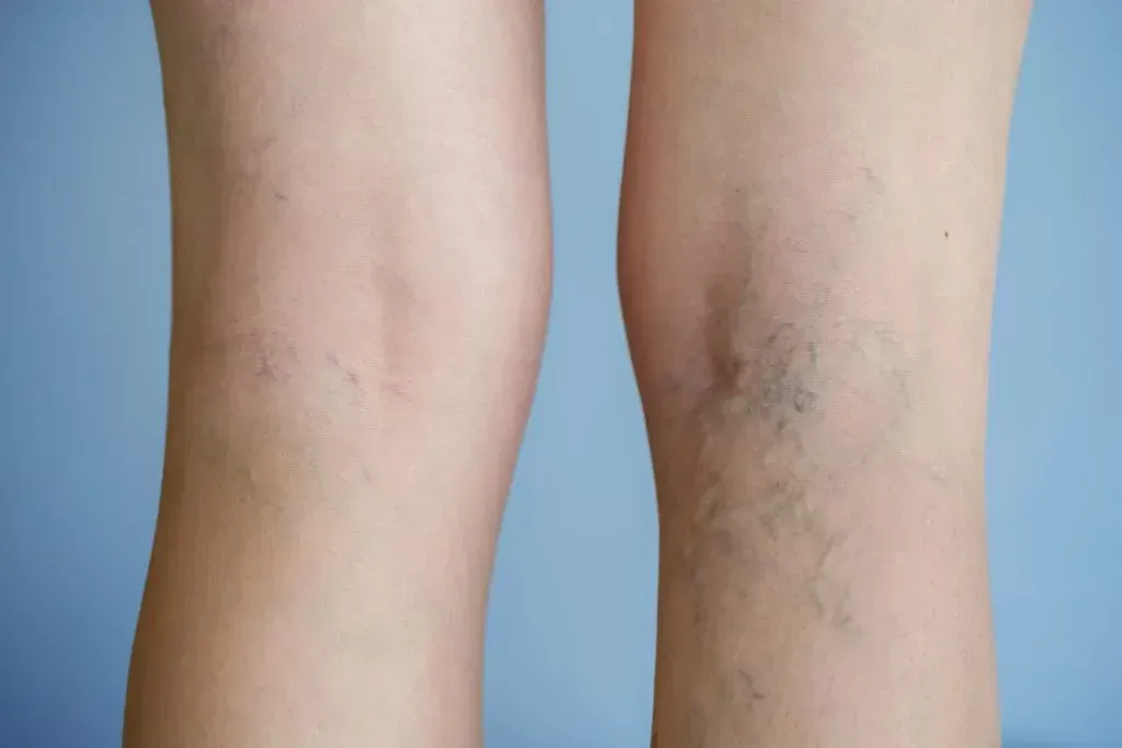 A woman 's legs with varicose veins on a blue background.