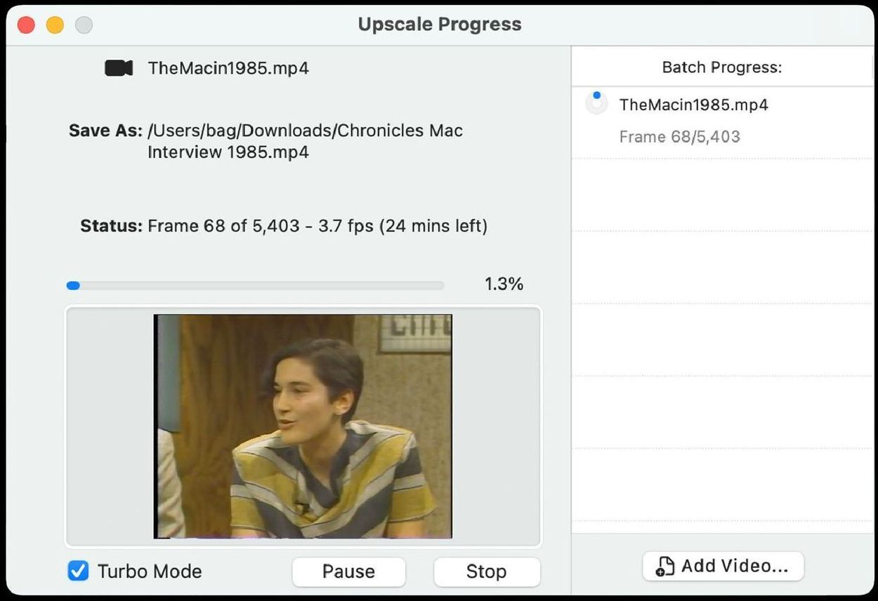 Video Upscaler's turbo mode allows for faster upscaling.