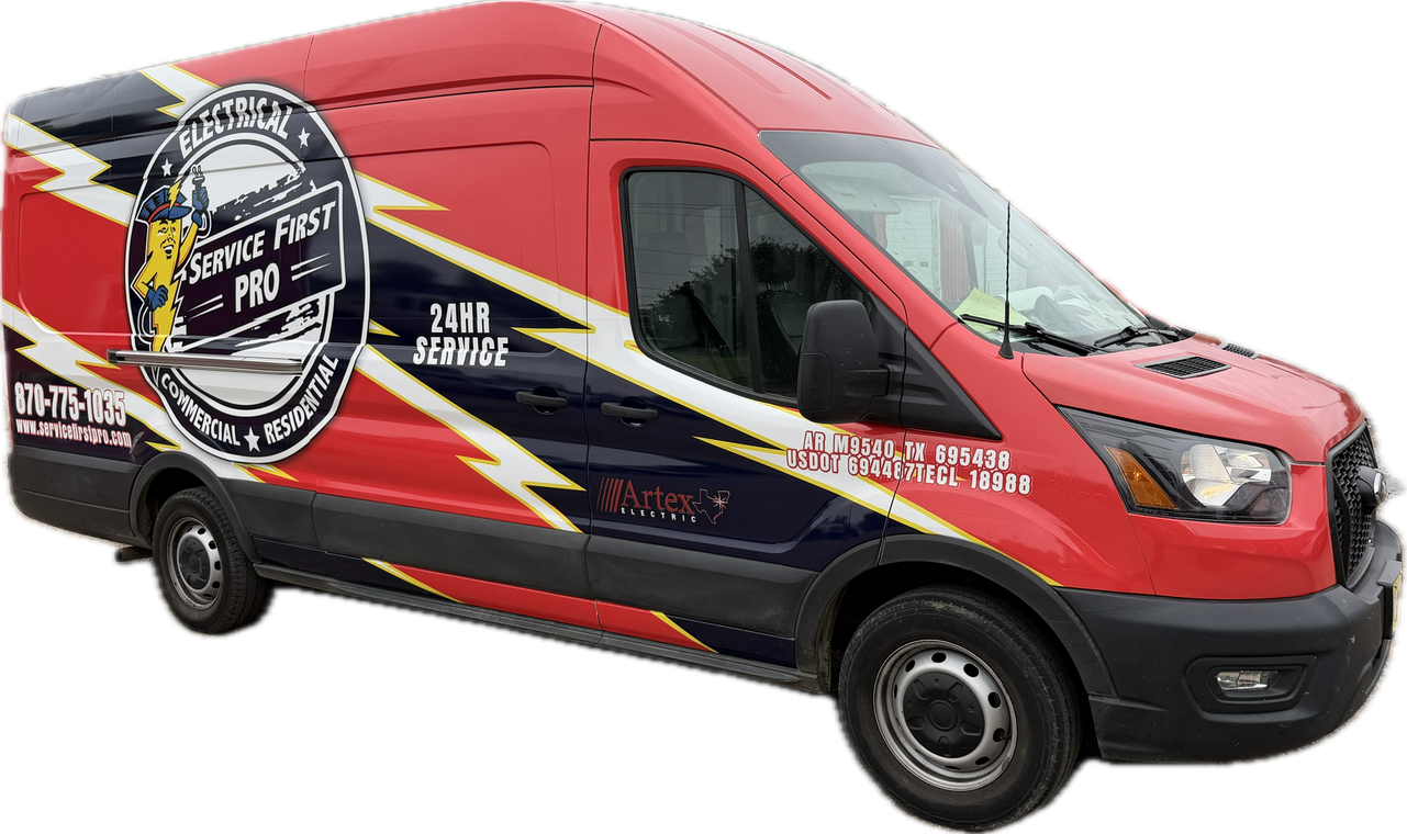 Red and black promotional van with white lightning graphics and a logo on the side
