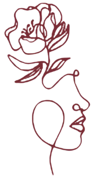 Minimal burgundy line drawing of a woman’s profile with a flower above her head