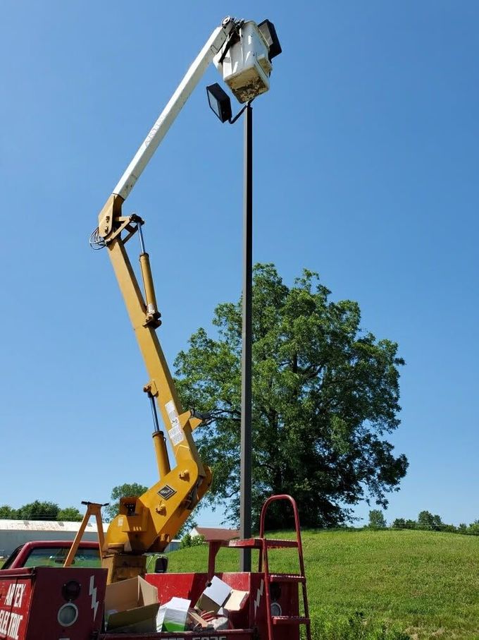 Yellow bucket truck lifting a worker basket beside a tree under a clear blue sky