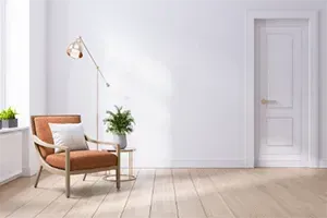 There is a chair and a lamp in the room.