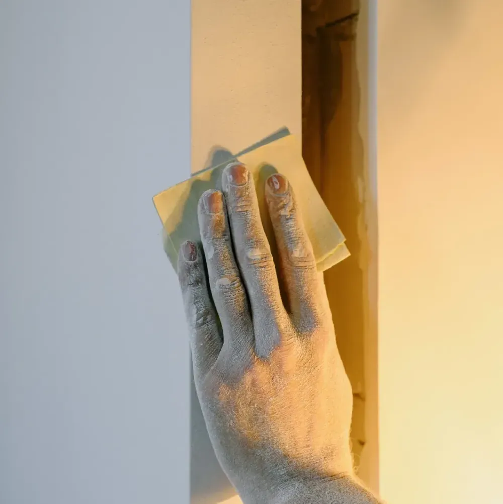 A person is sanding a piece of wood with a sandpaper.