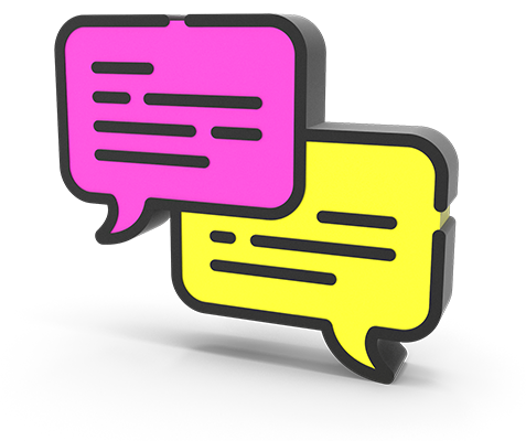 Two pink and yellow speech bubbles are sitting next to each other on a white background.