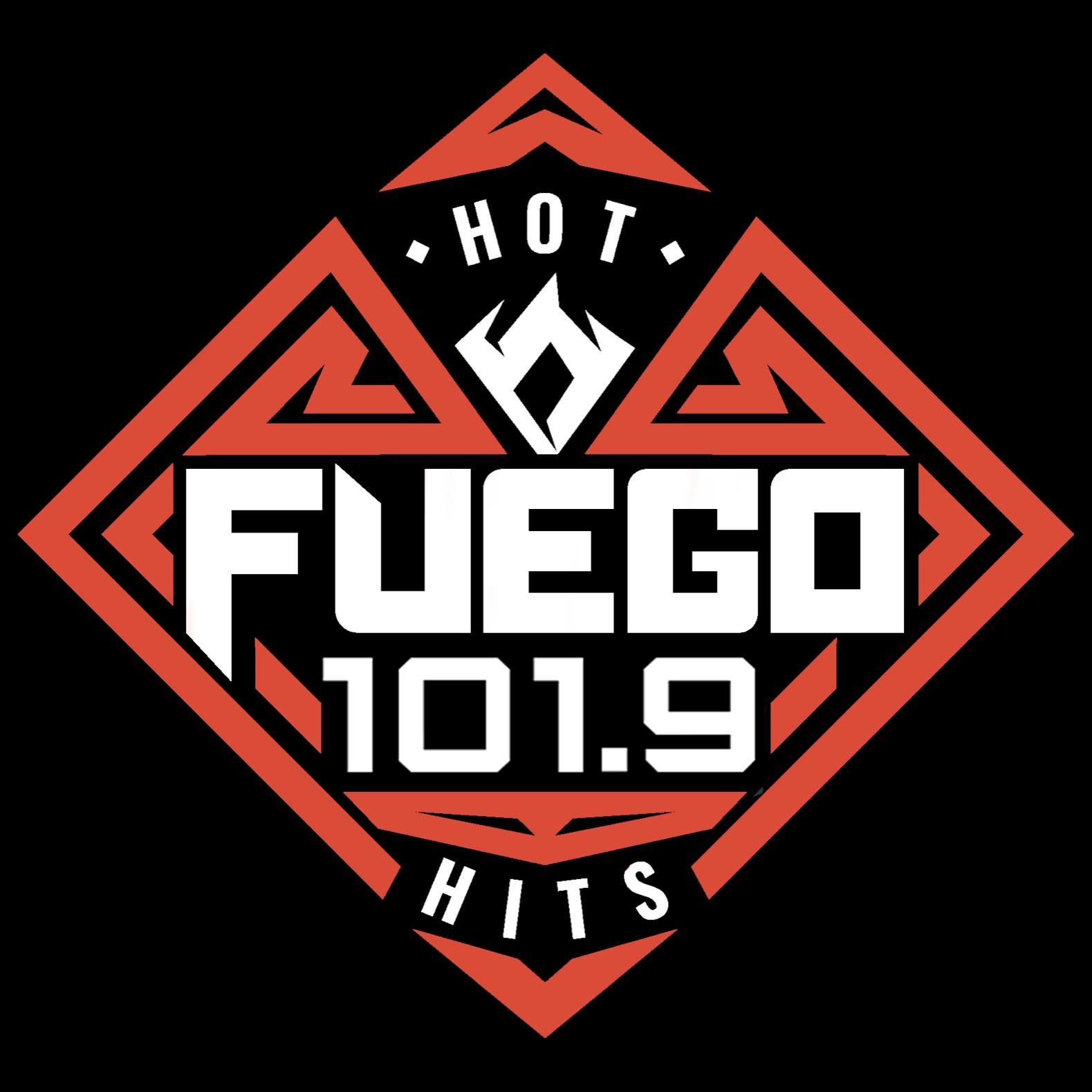 Facebook Page A logo for fuego 101.9 hits on a black background