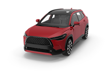A red car with a black roof is on a white background.