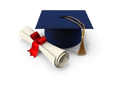 A graduation cap and diploma with a red ribbon