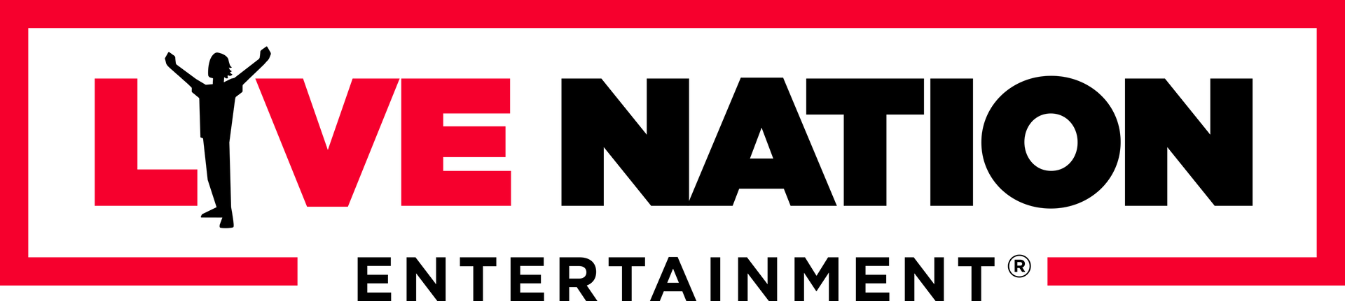 A red and white logo for live nation entertainment