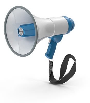 A white and blue megaphone with a black strap attached to it