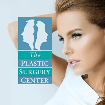 A woman 's face is shown in front of a logo for the plastic surgery center