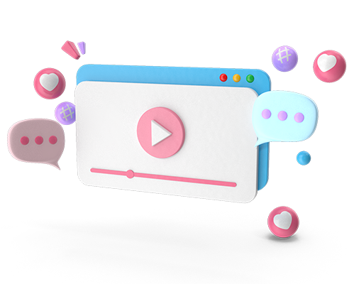 A computer screen with a play button and speech bubbles around it.