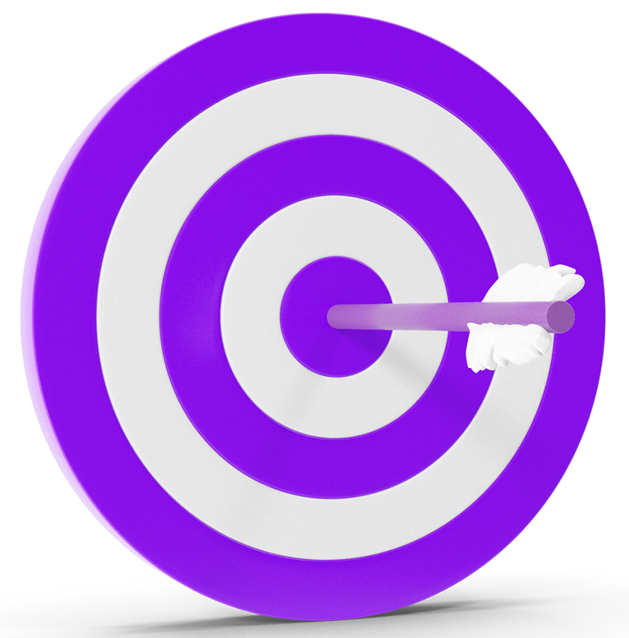 A purple and white target with an arrow in the center