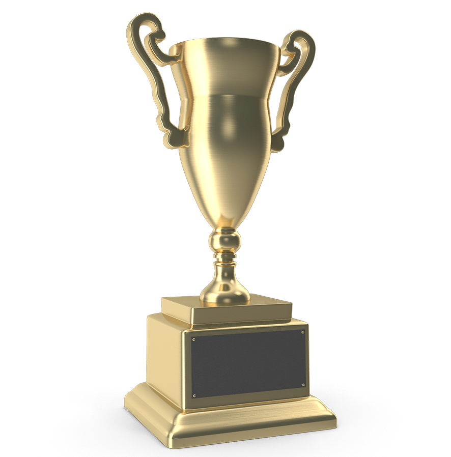 A gold trophy with a black plaque on it