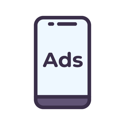 An icon of a cell phone with ads on the screen.