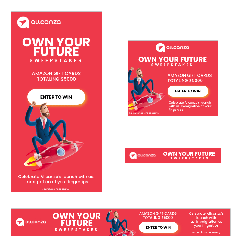 A man in a suit is riding a skateboard on a red banner that says own your future
