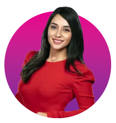 A woman in a red dress is smiling in a purple circle.