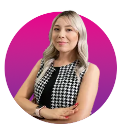 A woman in a black and white vest is standing with her arms crossed in a pink circle.