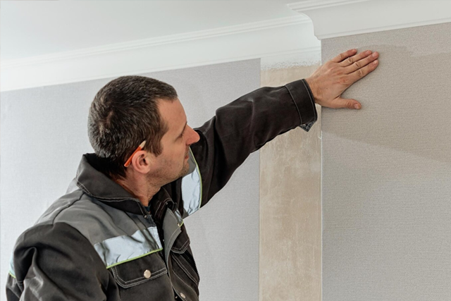 Man in a dark jacket smoothing wallpaper along a room corner near the ceiling