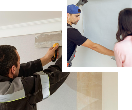 Two people painting a wall and ceiling trim indoors, one using a brush on a ladder.