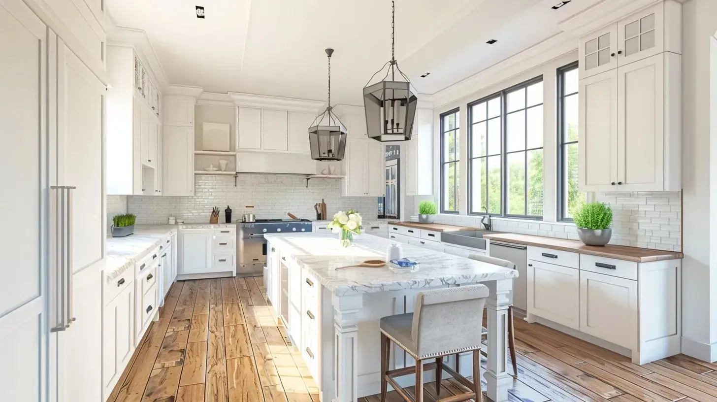 Bright, white kitchen with island, wooden floors, and large windows. Overhead pendant lights.