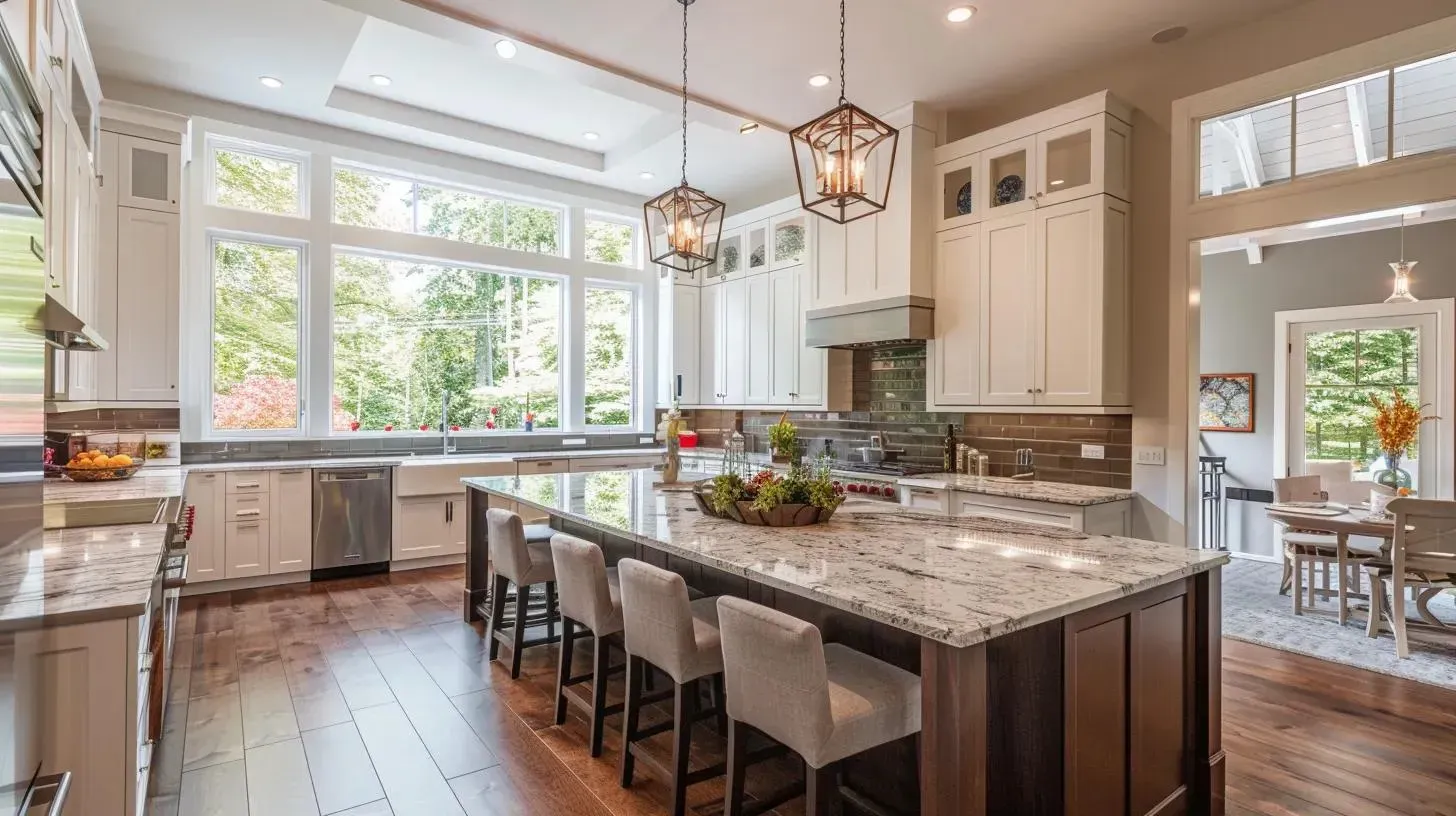Spacious kitchen with large island, white cabinets, expansive windows, hardwood floors, and overhead lanterns.