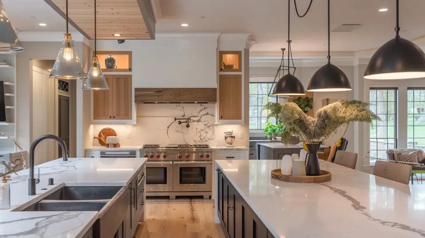 Modern kitchen with two islands, light wood cabinets, and pendant lights.