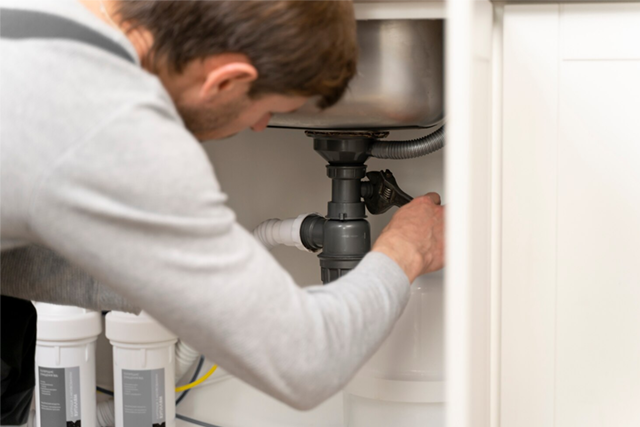 Person fixing pipes under a kitchen sink with cleaning bottles in the cabinet